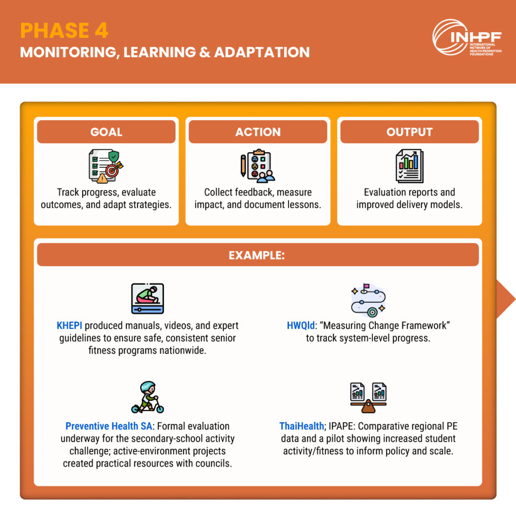  infographic highlighting monitoring, evaluation, learning, and adaptation in health promotion initiatives.